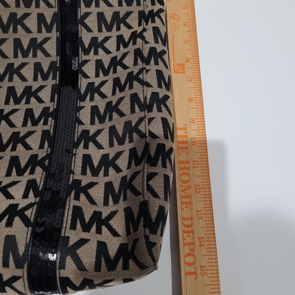 Michael Kors Purse All Over Logo Sequins  & Leather Straps Gold Accent Grommets - Picture 5 of 10